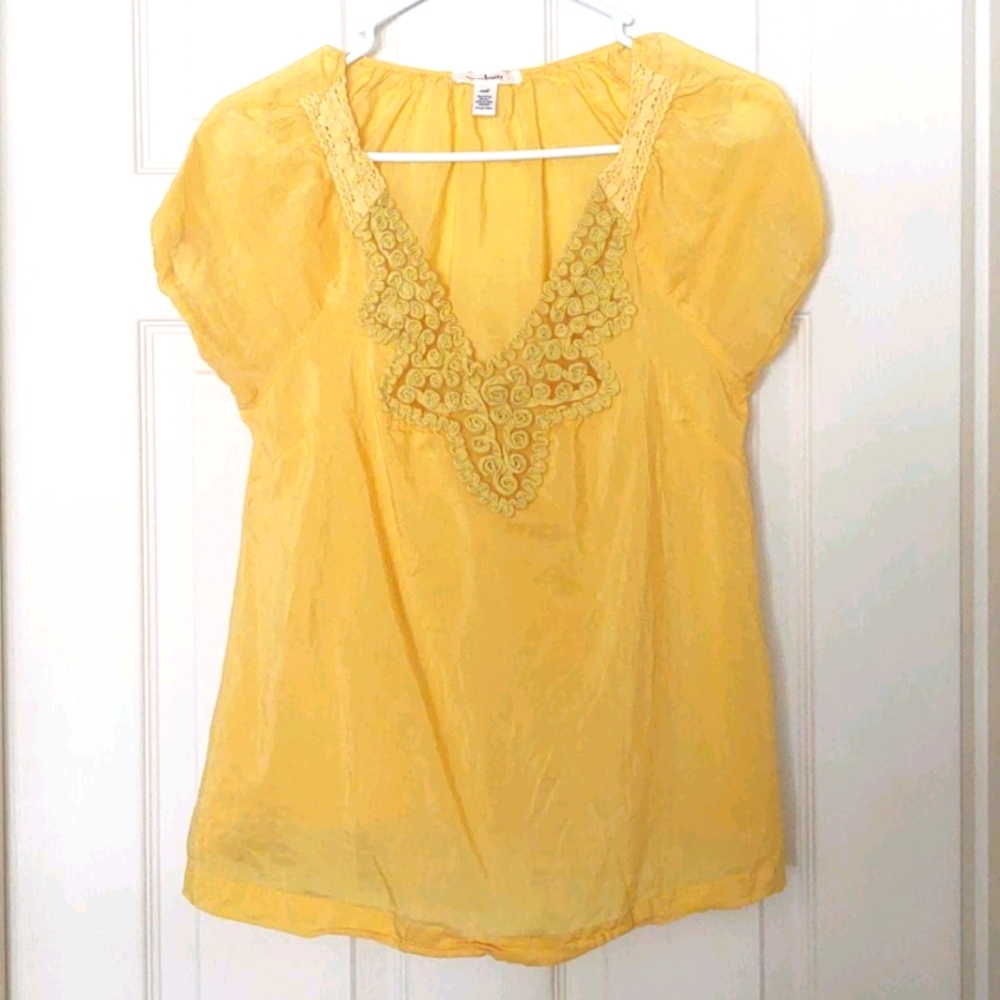 Yellow Summer Blouse w/ Silk Neckline Detail
